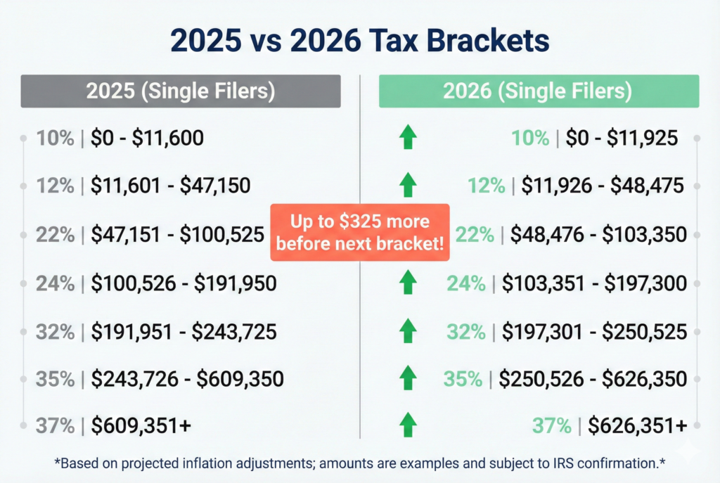 Side by side comparison of 2025 versus 2026 federal tax brackets showing income threshold increases