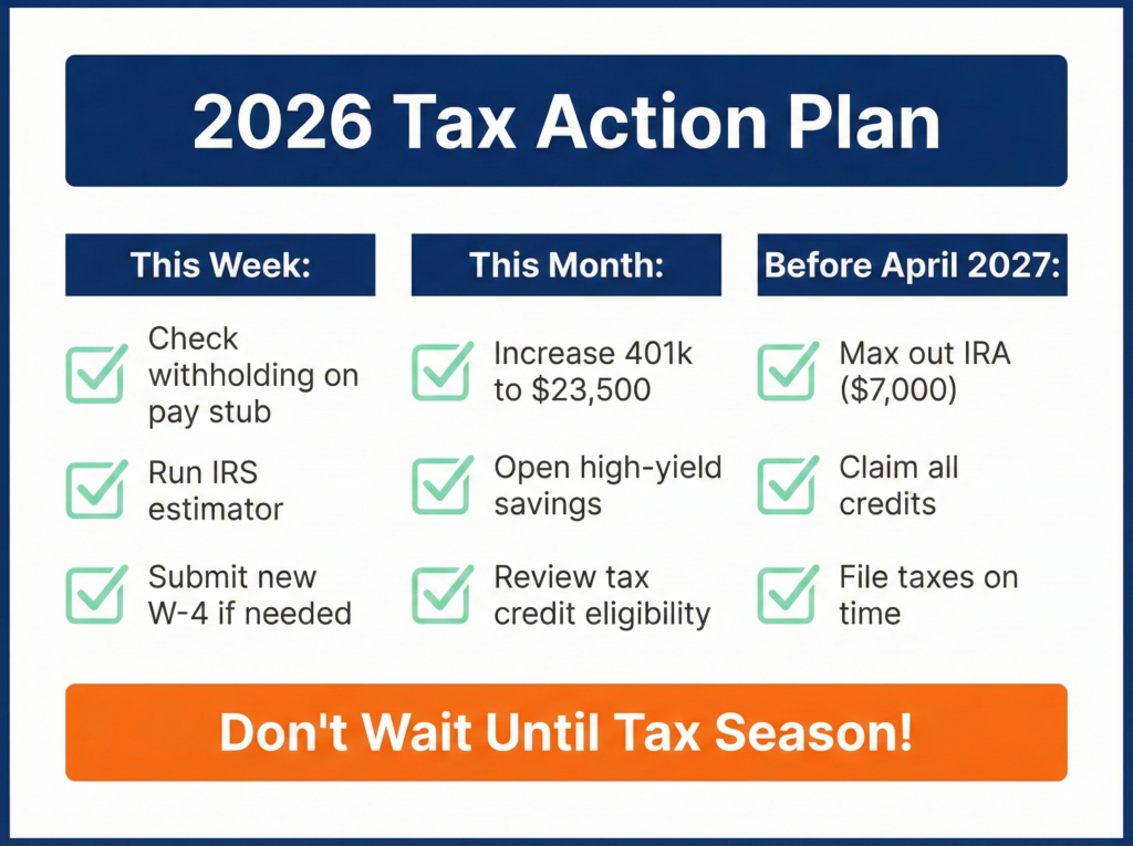 Tax planning checklist with weekly monthly and annual action items for 2026