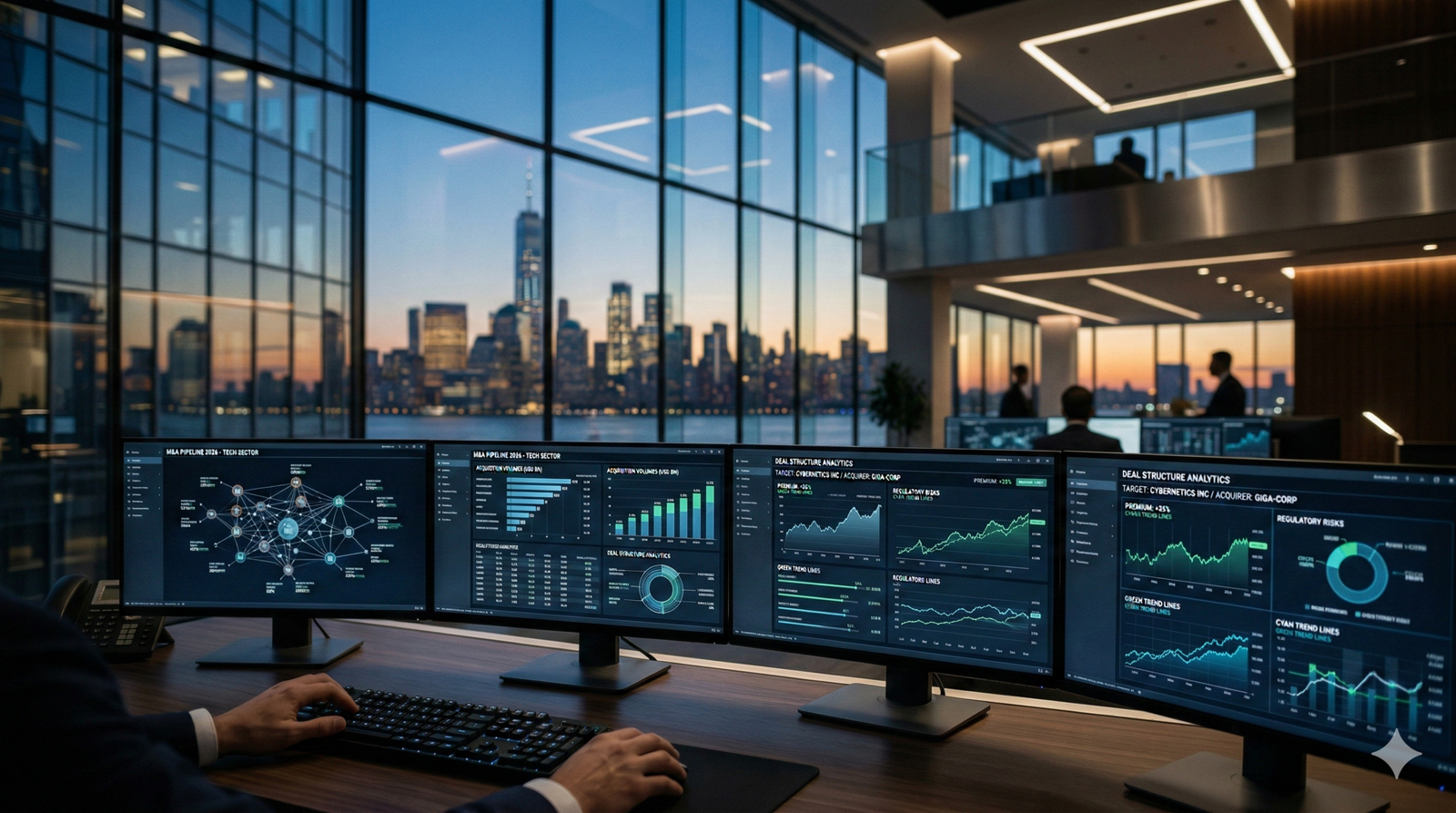 Financial data screens analyzing 2026 tech M&A trends and corporate merger arbitrage strategies