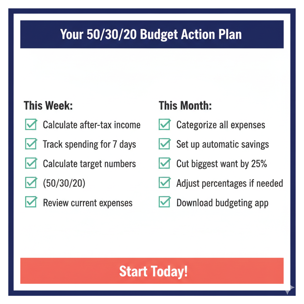 50/30/20 budget action plan checklist with weekly and monthly tasks