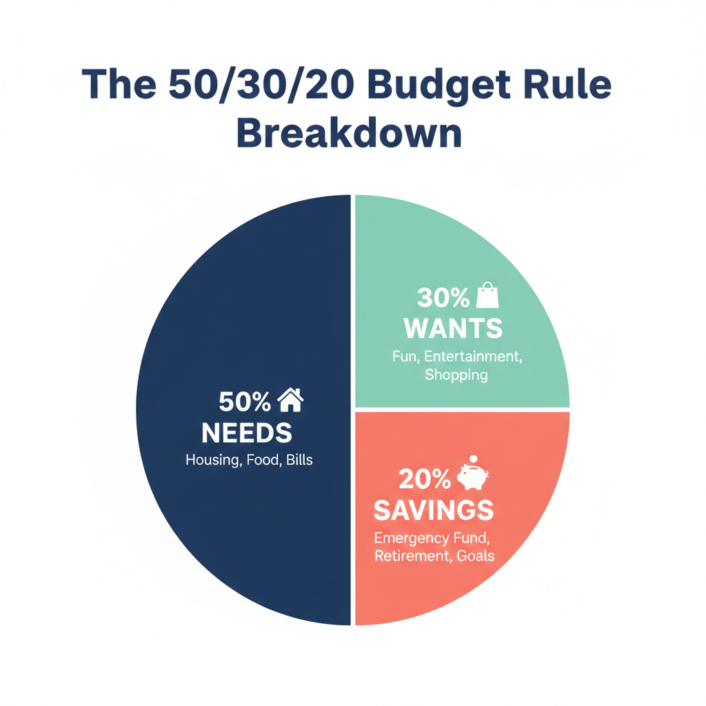 Pie chart showing 50/30/20 budget rule breakdown for needs wants and savings categories