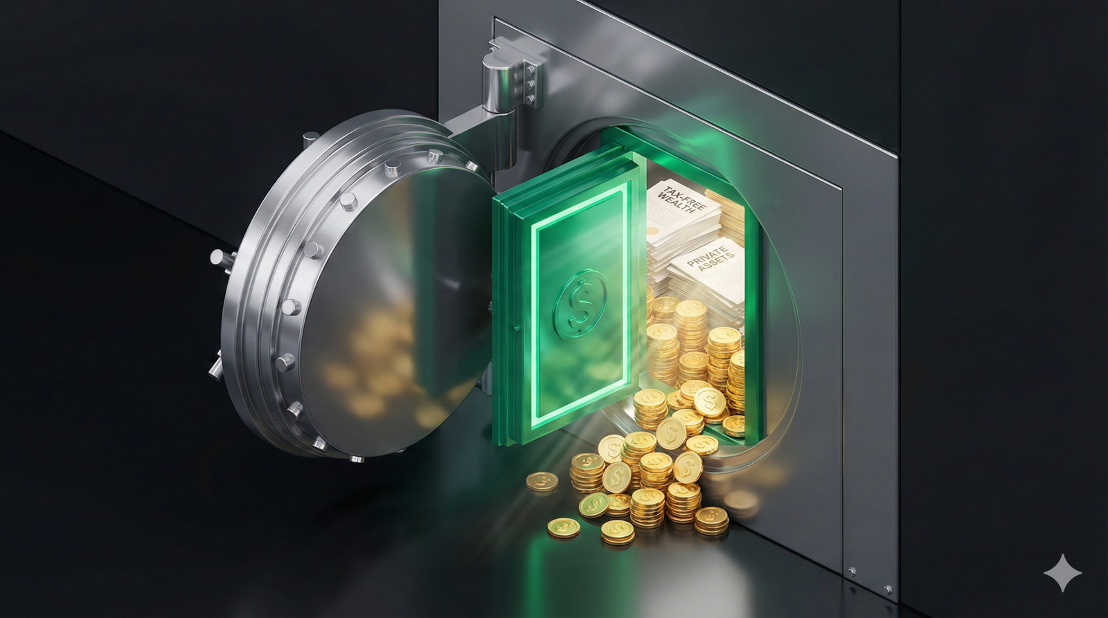 A 3D illustration of a secret green door opening to a vault of tax-free wealth, representing the Backdoor Roth IRA strategy.