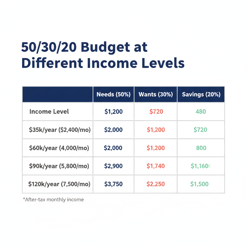 Budget breakdown table comparing 50/30/20 rule at different income levels from 35k to 120k