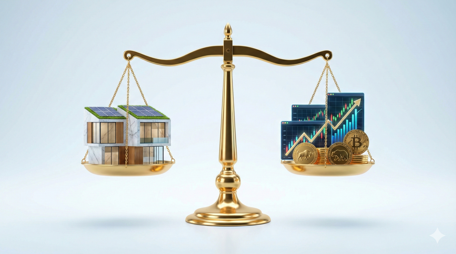 3D illustration of a golden scale balancing a modern house against stock market charts representing the rent vs buy decision.