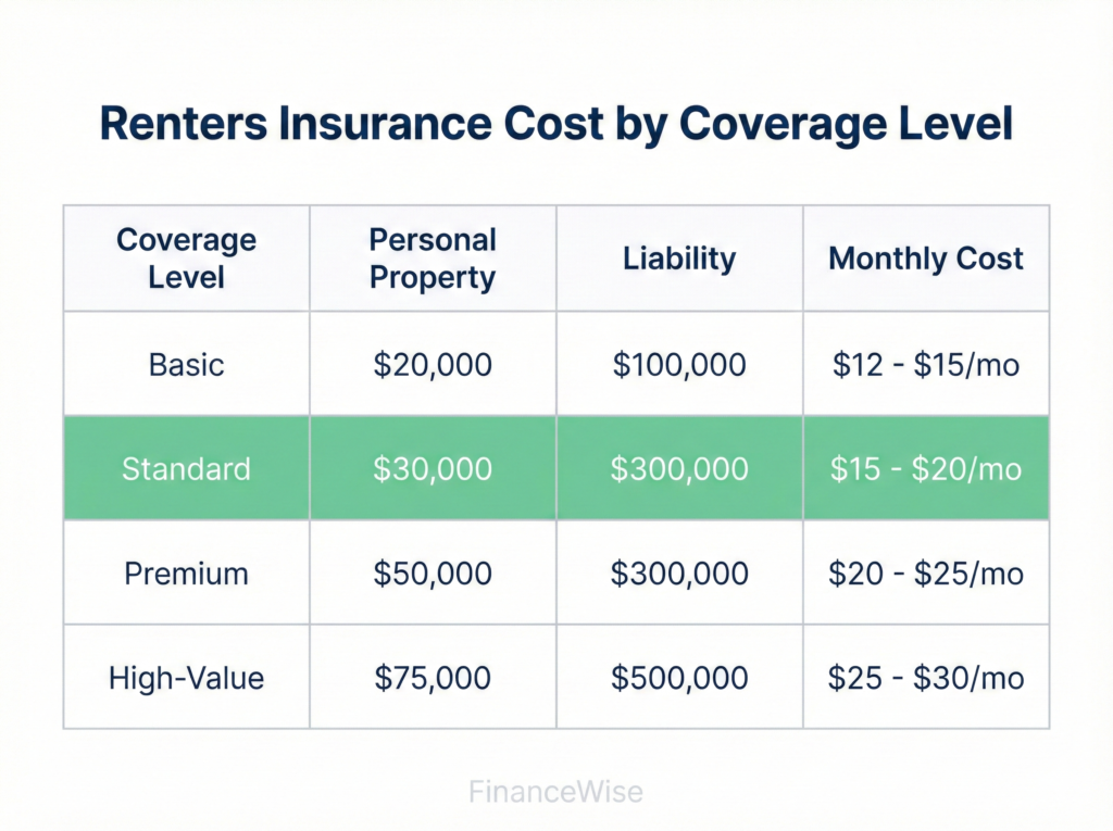 Renters insurance cost comparison table showing monthly rates for different coverage levels from basic to premium