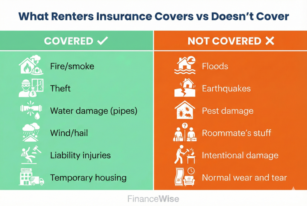 Comparison chart showing what renters insurance covers versus what it does not cover including fire theft and liability