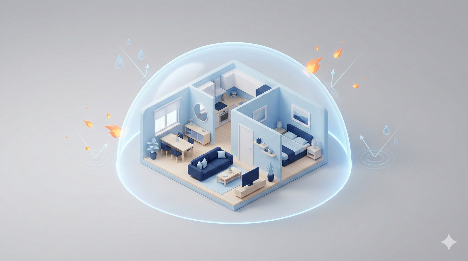 A 3D illustration of a modern apartment protected by a glowing blue digital shield, representing renters insurance.