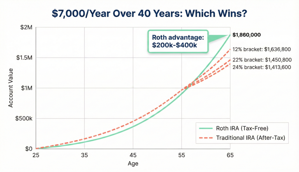 Growth comparison chart showing Roth IRA versus Traditional IRA returns over 40 years with different tax scenarios