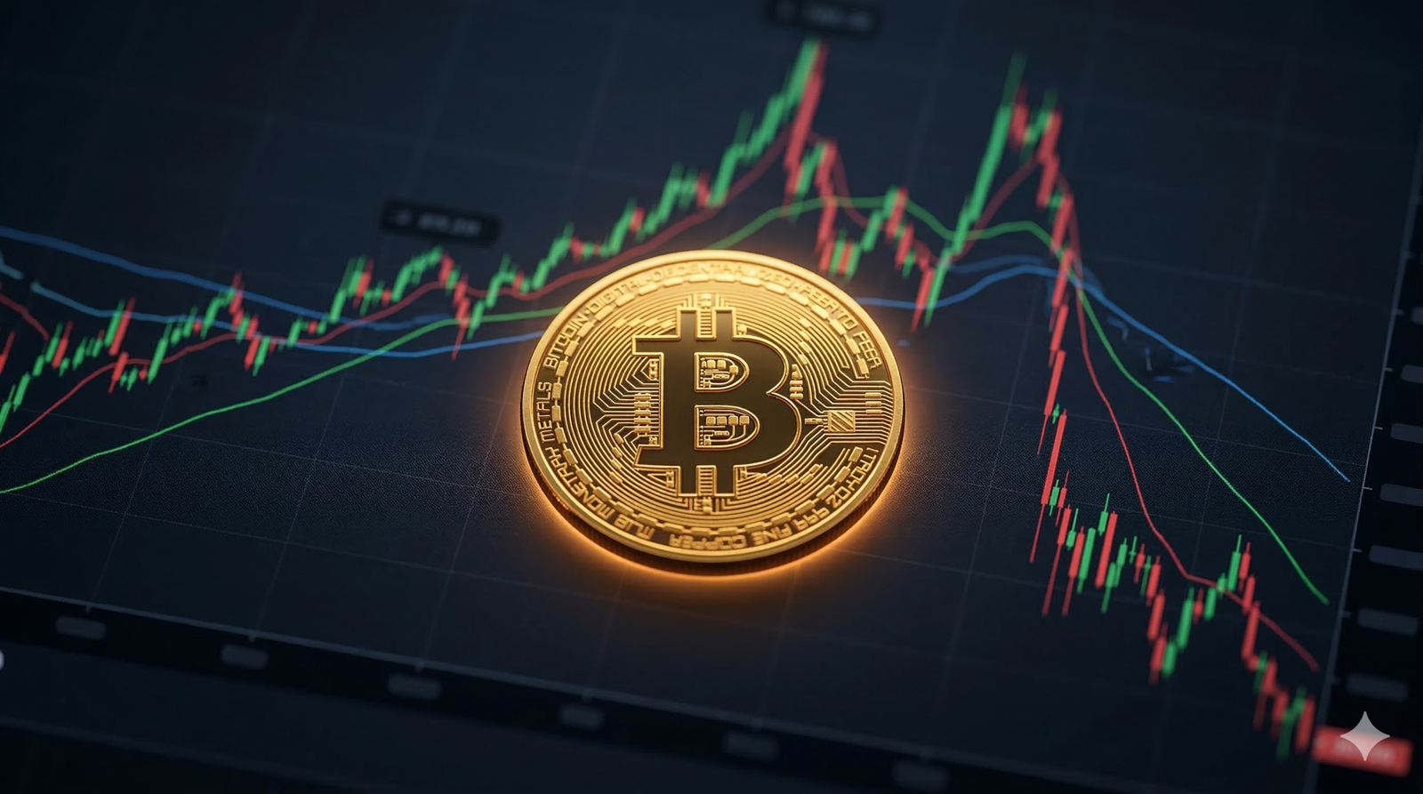 Physical Bitcoin resting on a complex financial chart.