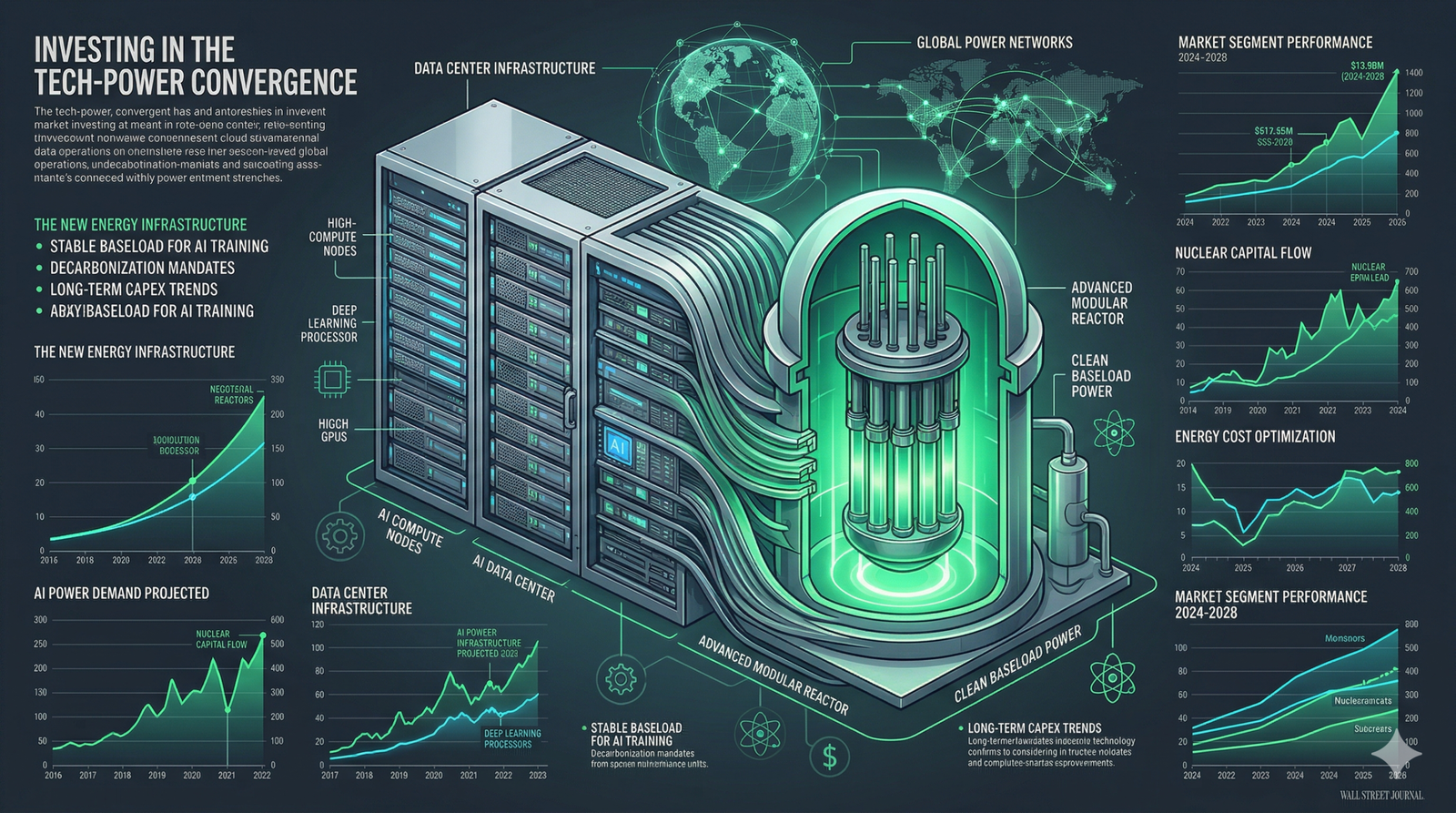 A massive data center merging with a glowing nuclear power core, symbolizing the AI energy infrastructure 2026 investment boom.