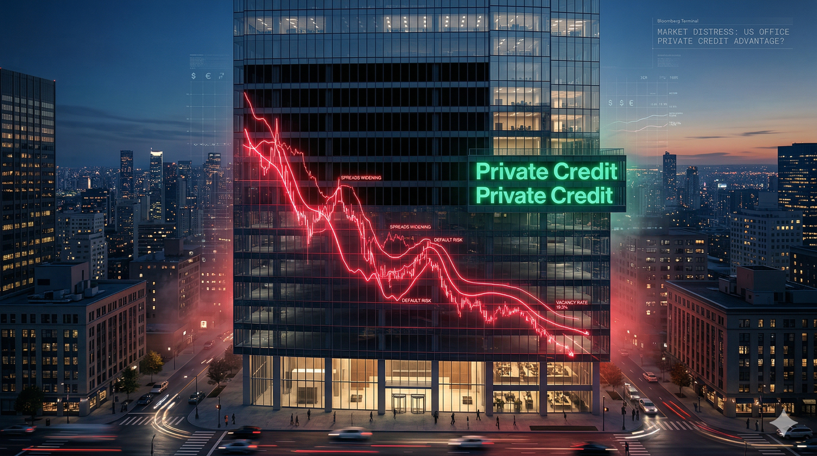A towering glass office building with a massive "Forced Sale" projection, representing the commercial real estate crash 2026 and private credit boom.
