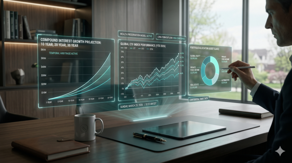 A sleek, institutional financial dashboard illustrating a successful Gen Z early retirement strategy and fee drag eradication.