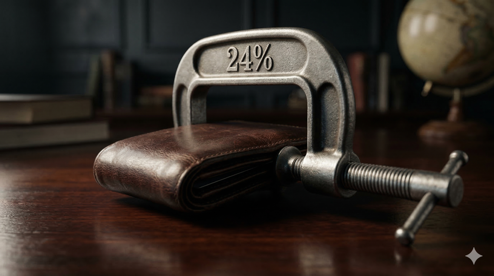 Abstract representation of high interest rates crushing a wallet.