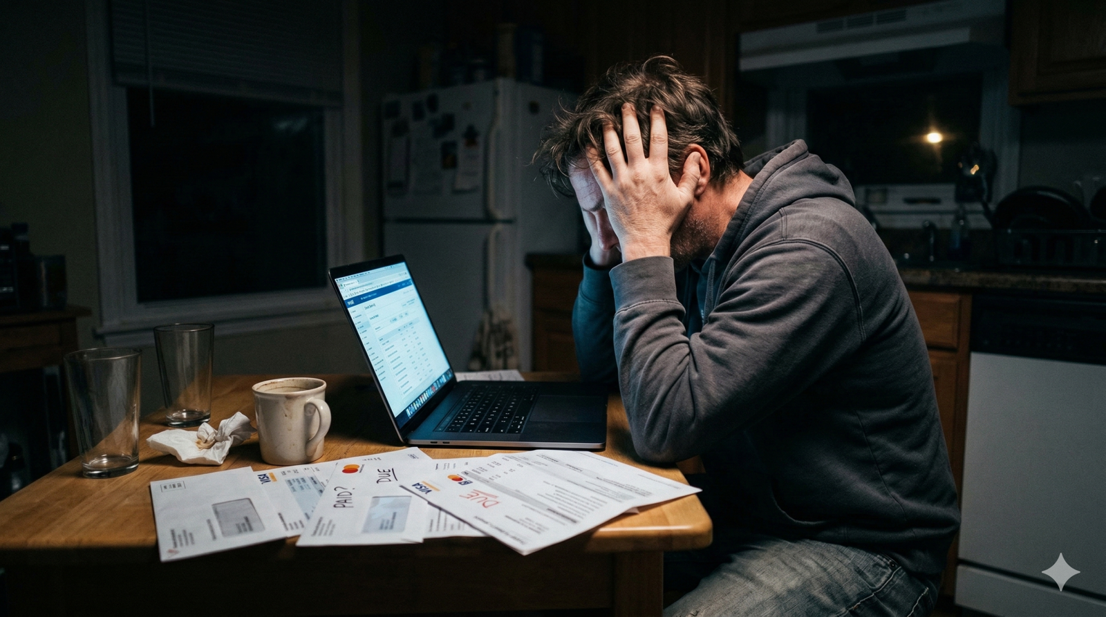 An everyday person looking stressed at a kitchen table covered in credit card bills.