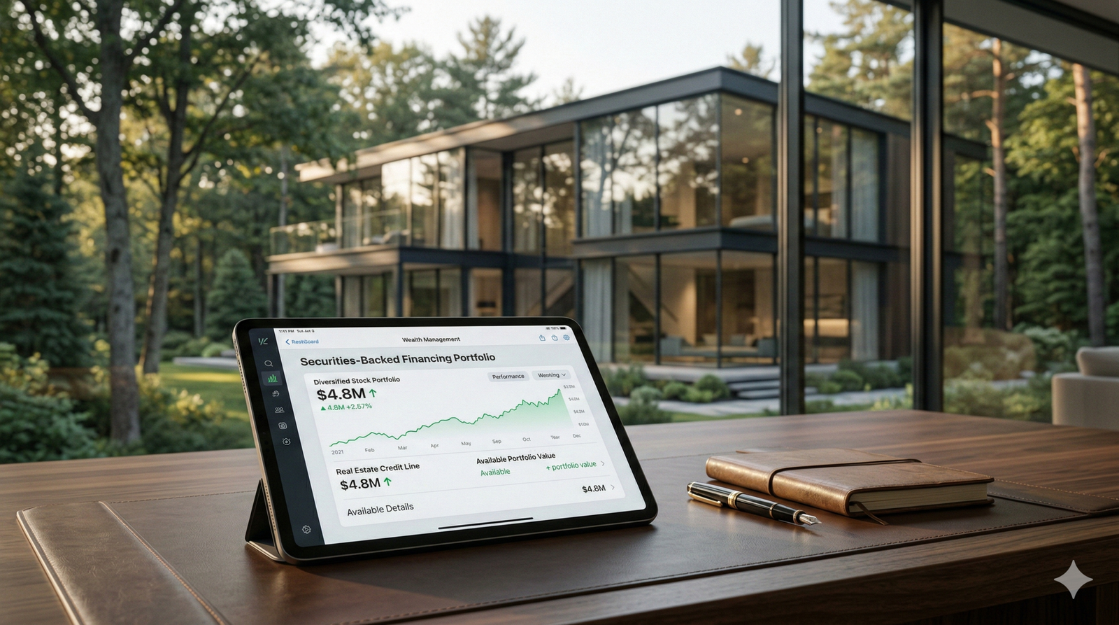 High end residential real estate purchased using a pledged asset line strategy to avoid capital gains taxes