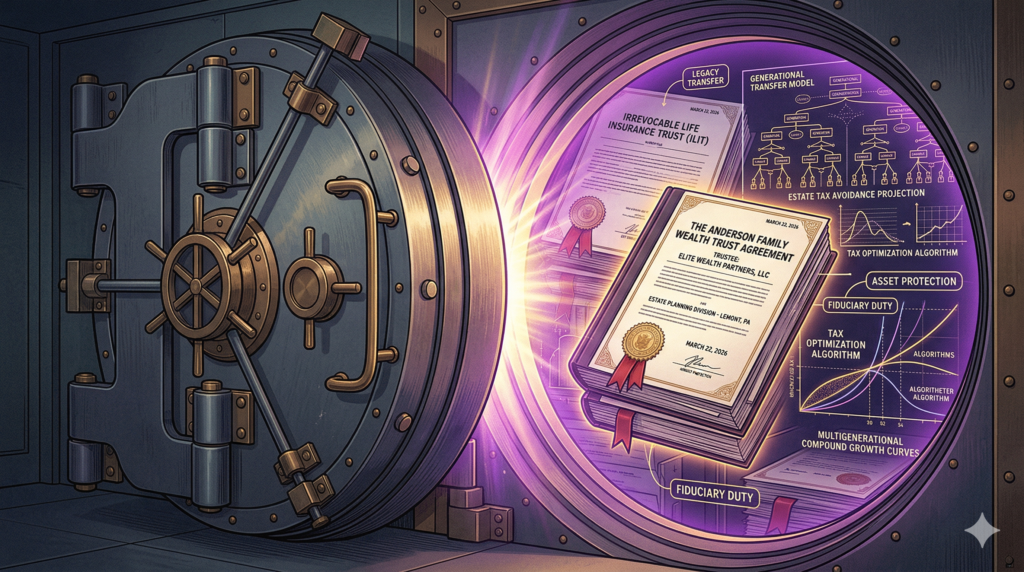 A vault door opening to reveal life insurance policies and trust documents, symbolizing premium financed life insurance 2026 strategies.