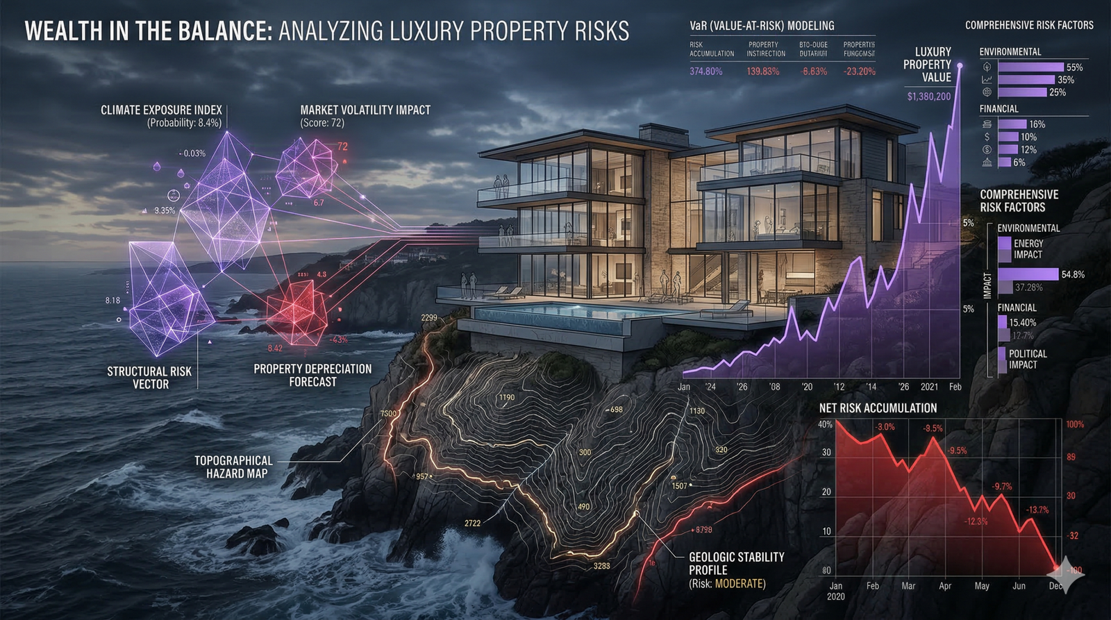 A luxurious coastal estate overlaid with abstract risk models and rising premium charts, symbolizing the property insurance crisis 2026.