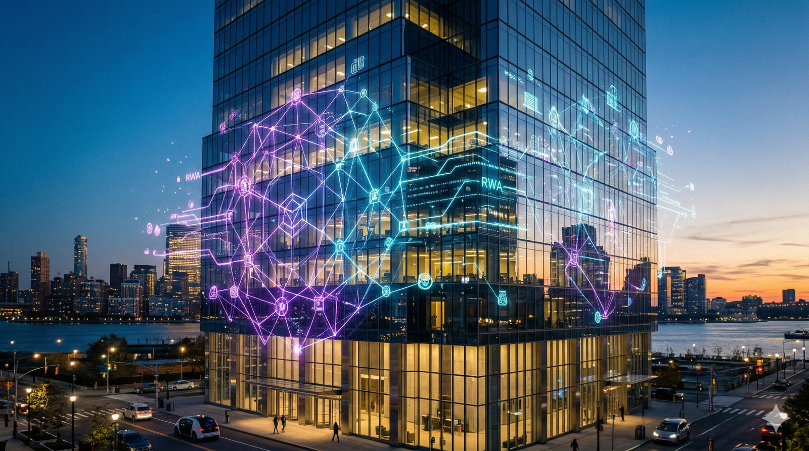 Digital blockchain network overlaying a modern commercial real estate building representing RWA tokenization trends
