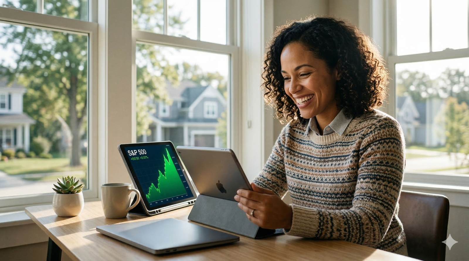 A confident investor checking their S&P 500 index fund growth on a tablet.
