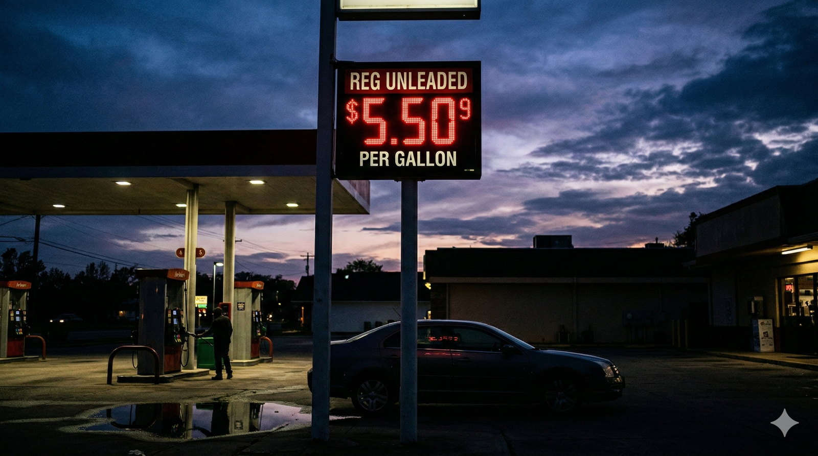 Close up of a gas station price sign showing high prices against a dramatic sky.