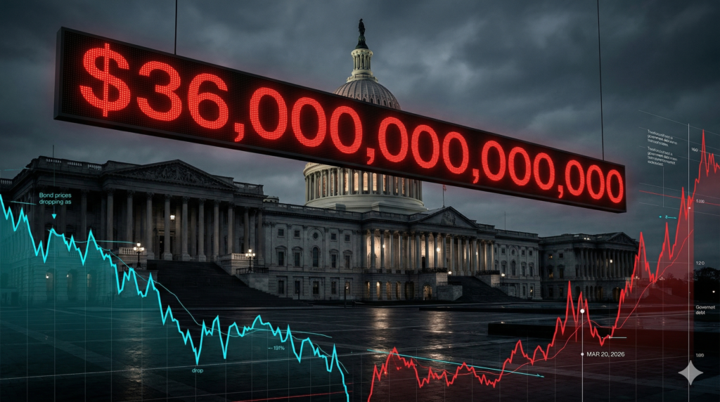 A massive digital debt clock ticking over the US Capitol building, symbolizing the US national debt crisis 2026.