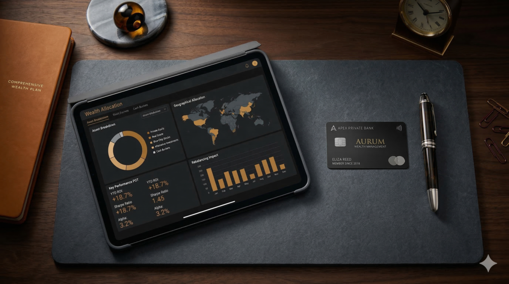 A luxurious but analytical financial flat lay showing wealth management secrets and asset allocation dashboards.