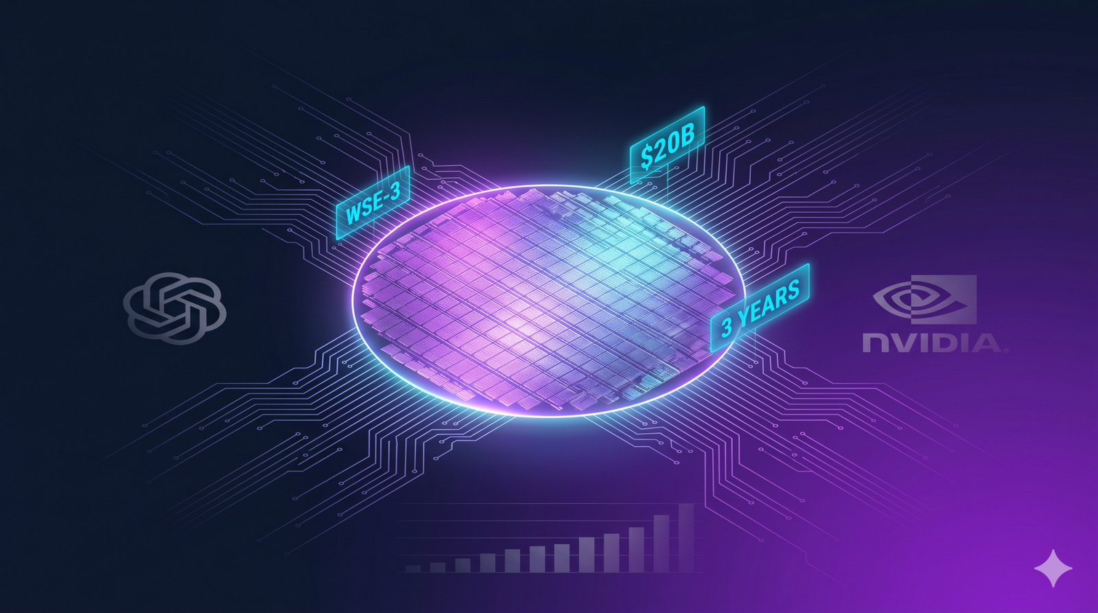 An institutional-grade financial illustration showing the OpenAI Cerebras $20 billion ai chip investing deal with a wafer-scale chip and data center visualization