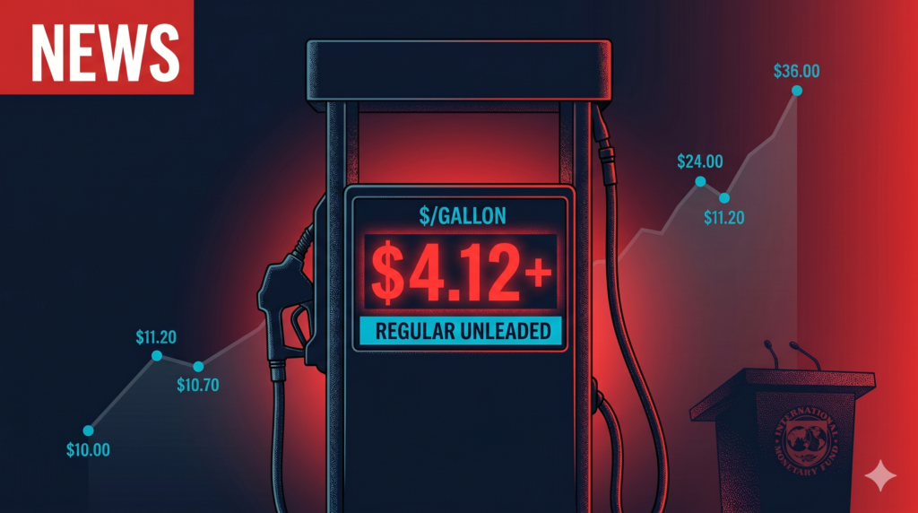 A dramatic financial news graphic illustrating the energy crisis 2026 with rising oil prices, gas pump, and IMF warning indicators on a dark background