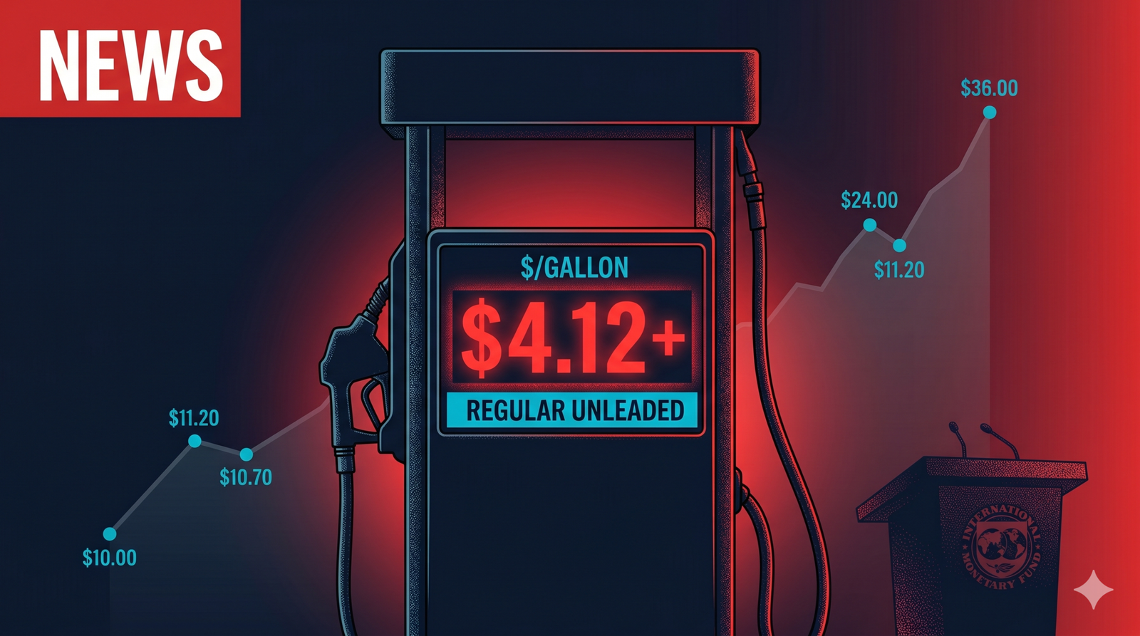A dramatic financial news graphic illustrating the energy crisis 2026 with rising oil prices, gas pump, and IMF warning indicators on a dark background