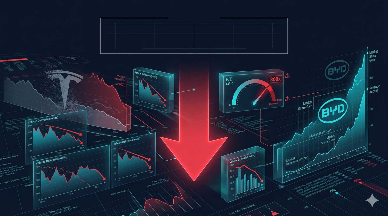 A dramatic institutional financial dashboard showing the tesla stock crash 2026 with declining delivery charts and P/E ratio warning indicators